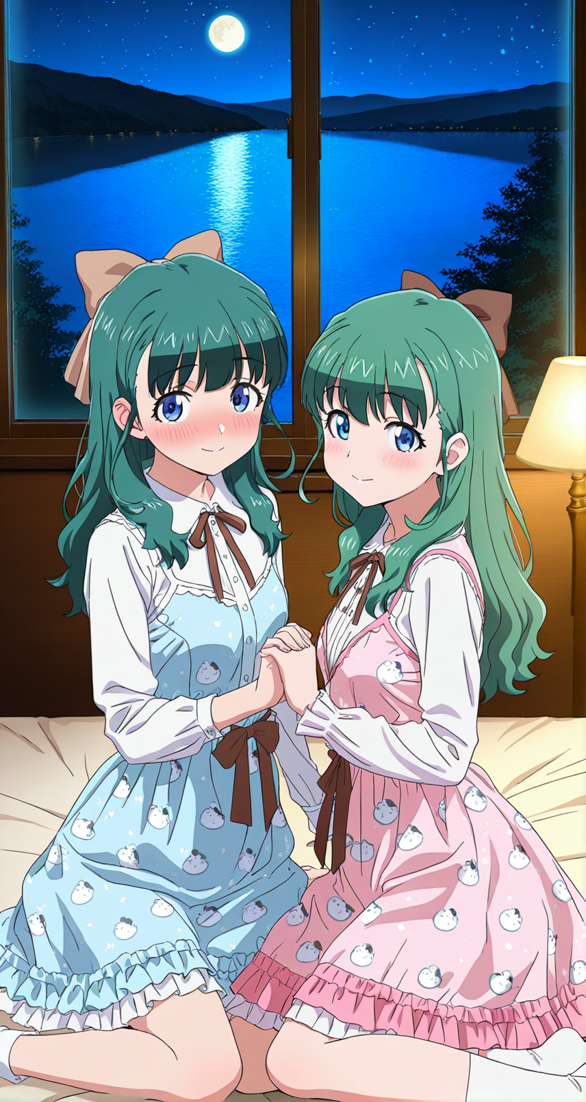 07531-550355289-tvkaren,2girls, ,green hair, blue eyes,small breasts,long hair,hair bow,brown bow,_Pochacco_Stars_Print_Blue_and_Pink_Sweet_Dres.png